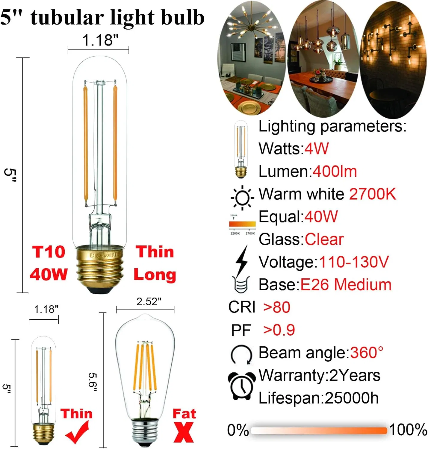 Dimmable E26 Edison Bulb 6W Equal 60W, Warm White 2700K LED Bulb