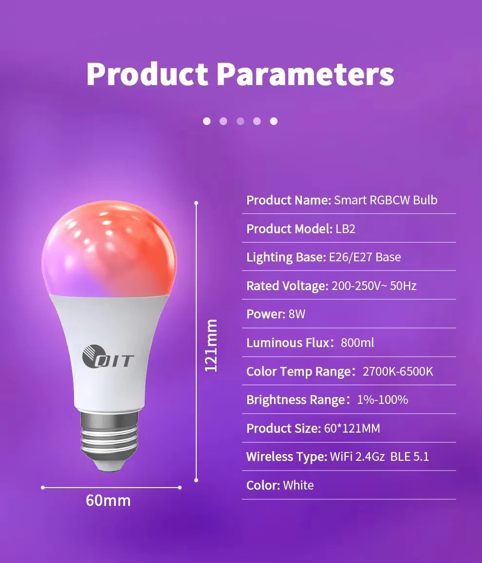 WiFi 9W Smart LED Light Bulb Rgbcw E27/E26/B22 Smart Living Control Bulb