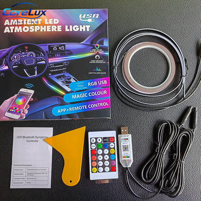 RGBIC Car Interior Ambient Light Kit APP Control Dream Color Flow Effect USB Powered Universal Fit Dashboard Footwell
