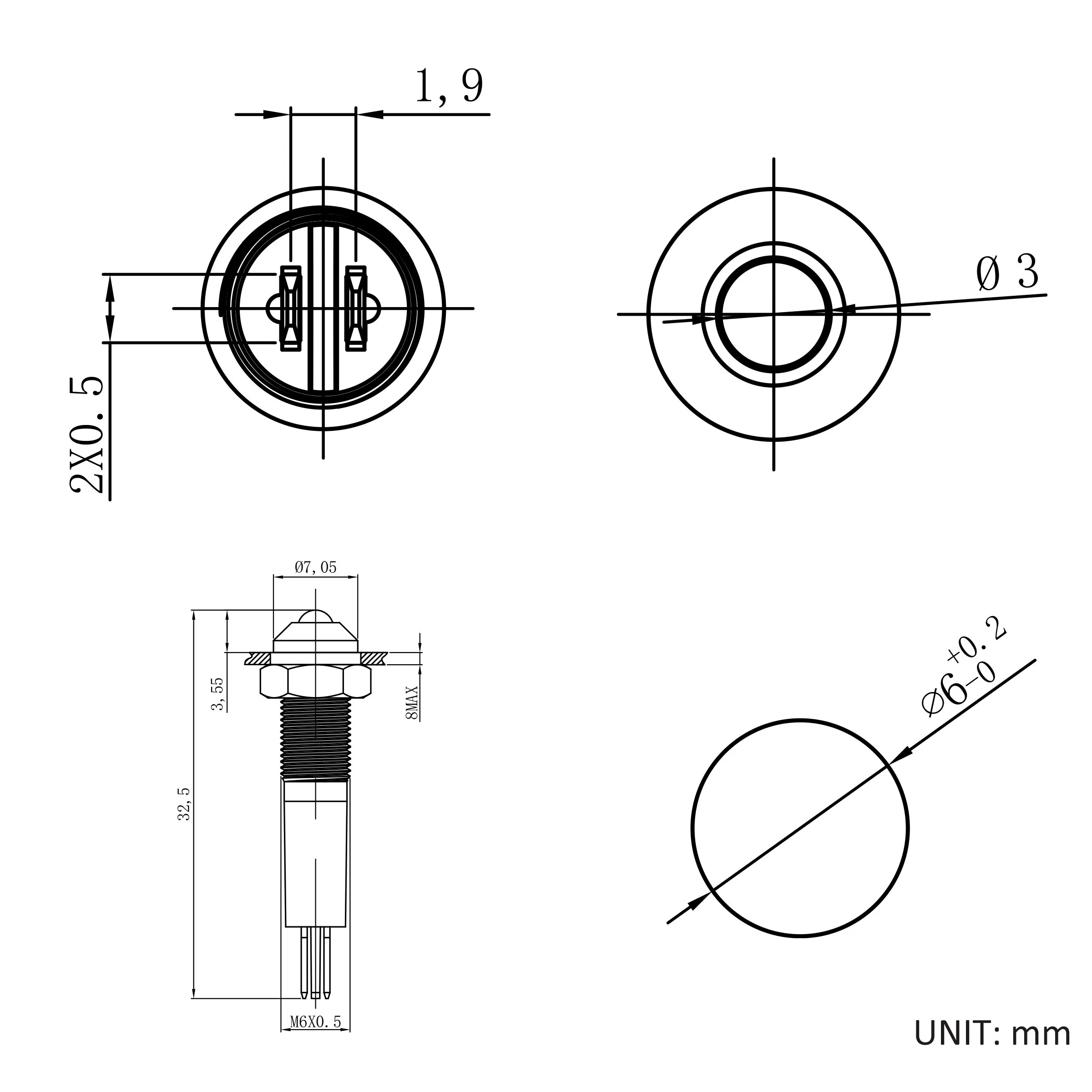 Hban IP67 Rated 6-14mm Dome Head Metal Signal Light with Bright LED