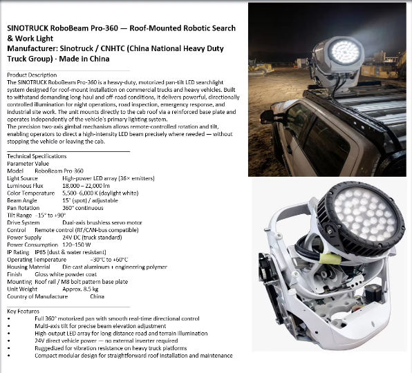 SINOTRUCK RoboBeam Pro-360 Roof-Mounted Robotic Search &amp; Work Light