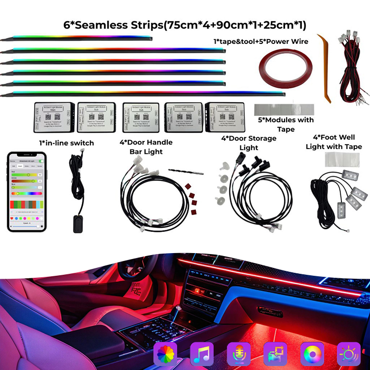 18 In 1 Smart App Control RGB Car Interior Ambient Lighting Kit Multicolor LED Strips For Auto Decoration