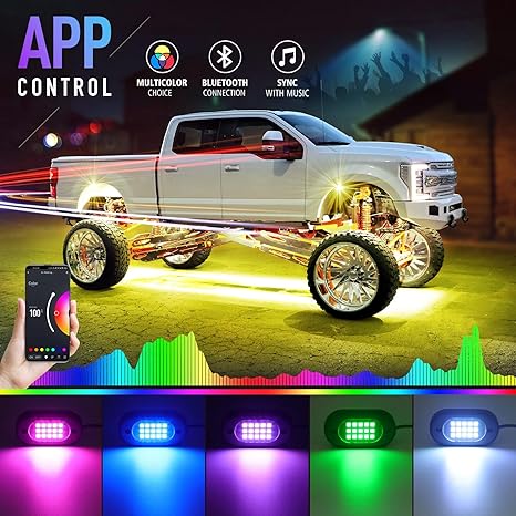 RGB Car Rock Lights Kit 4/6/8/10/12/14 Pods with App &amp; Remote LED Underglow Light IP68 Wheel Well Light for Truck ATV UTV SUV