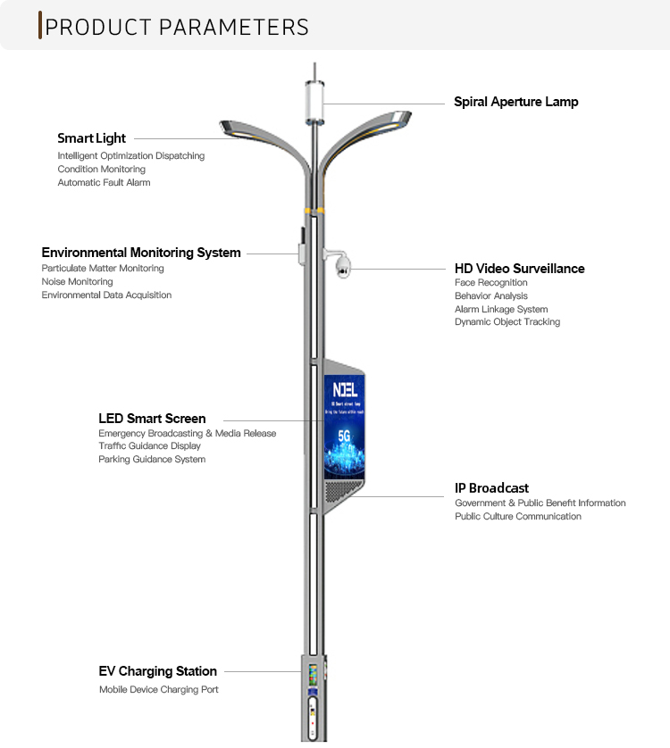Smart Pole IoT Intelligent Street Lighting System with LED 5G EV Charger CCTV &amp; WiFi IP65 for Road Application