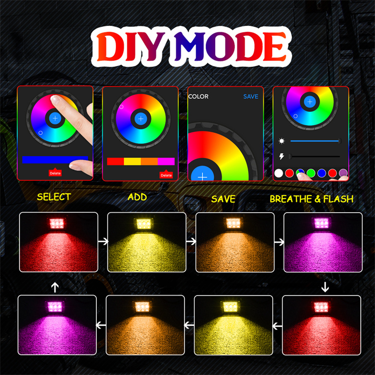 NOVA AUTO Phone App Control Car Driving Light 3 Inch Square Strobe Chasing RGBW LED Ditch Light With Harness