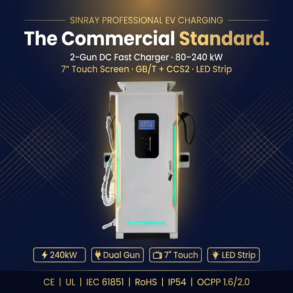 240KW DC Fast EV Charging Unit 2 Guns LED Side Light Strip 7 Inch Smart Screen GBT CCS2 RFID Scan Code Commercial Unit