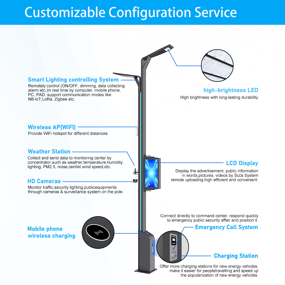 Smart Street Light Pole With Integrated CCTV Camera LED Screen EV Charger-Adjustable Height 3M-12M All-in-One IoT Solution
