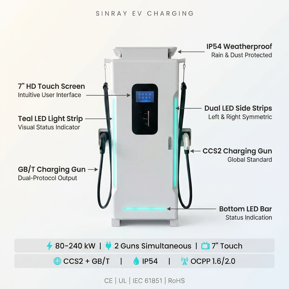240KW DC Fast EV Charging Unit 2 Guns LED Side Light Strip 7 Inch Smart Screen GBT CCS2 RFID Scan Code Commercial Unit