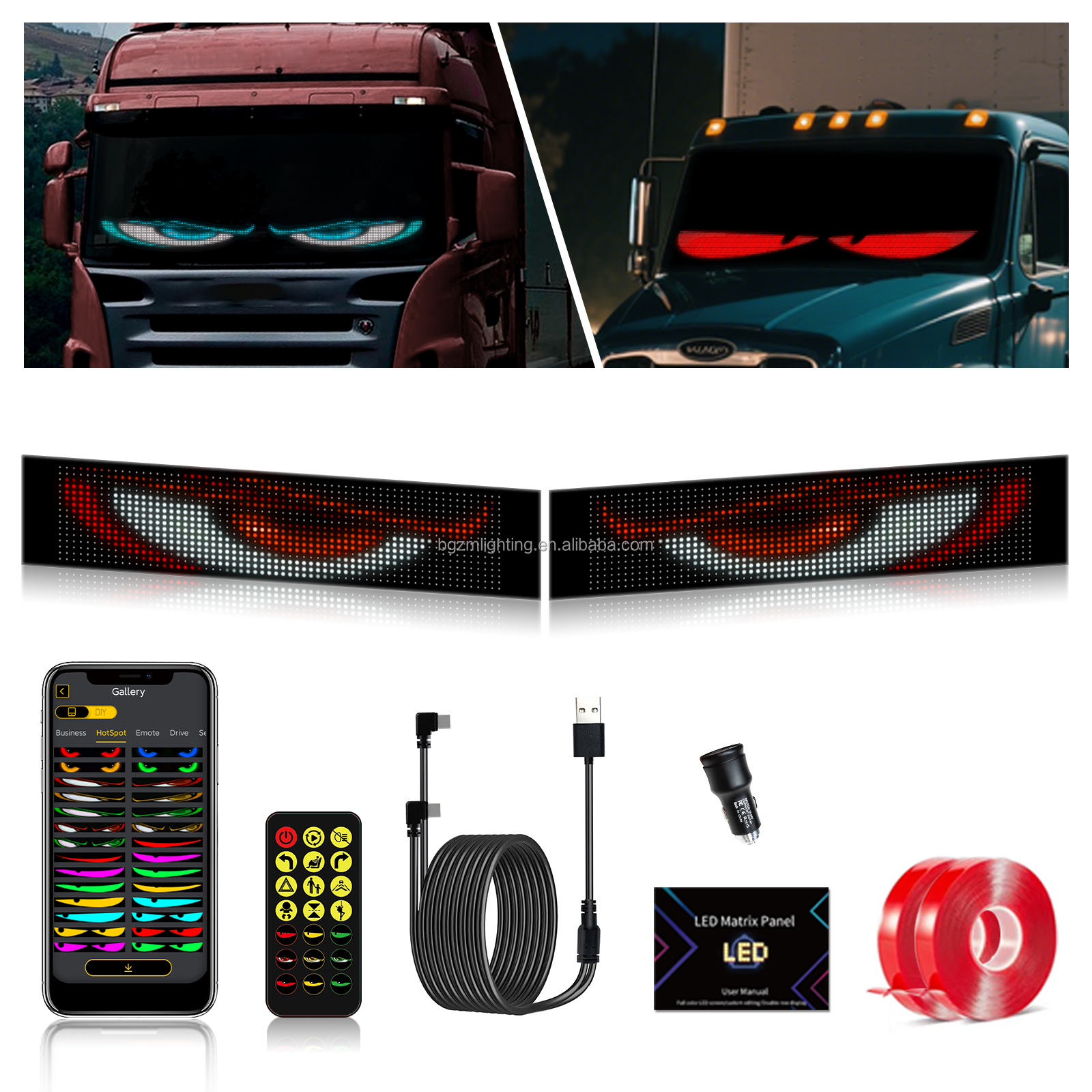 BGZM 16*32 Car Windshield LED Screen 12V Replacement New DIY Indicator Light Devil's Eye App Remote Control Animated Eyes Trucks