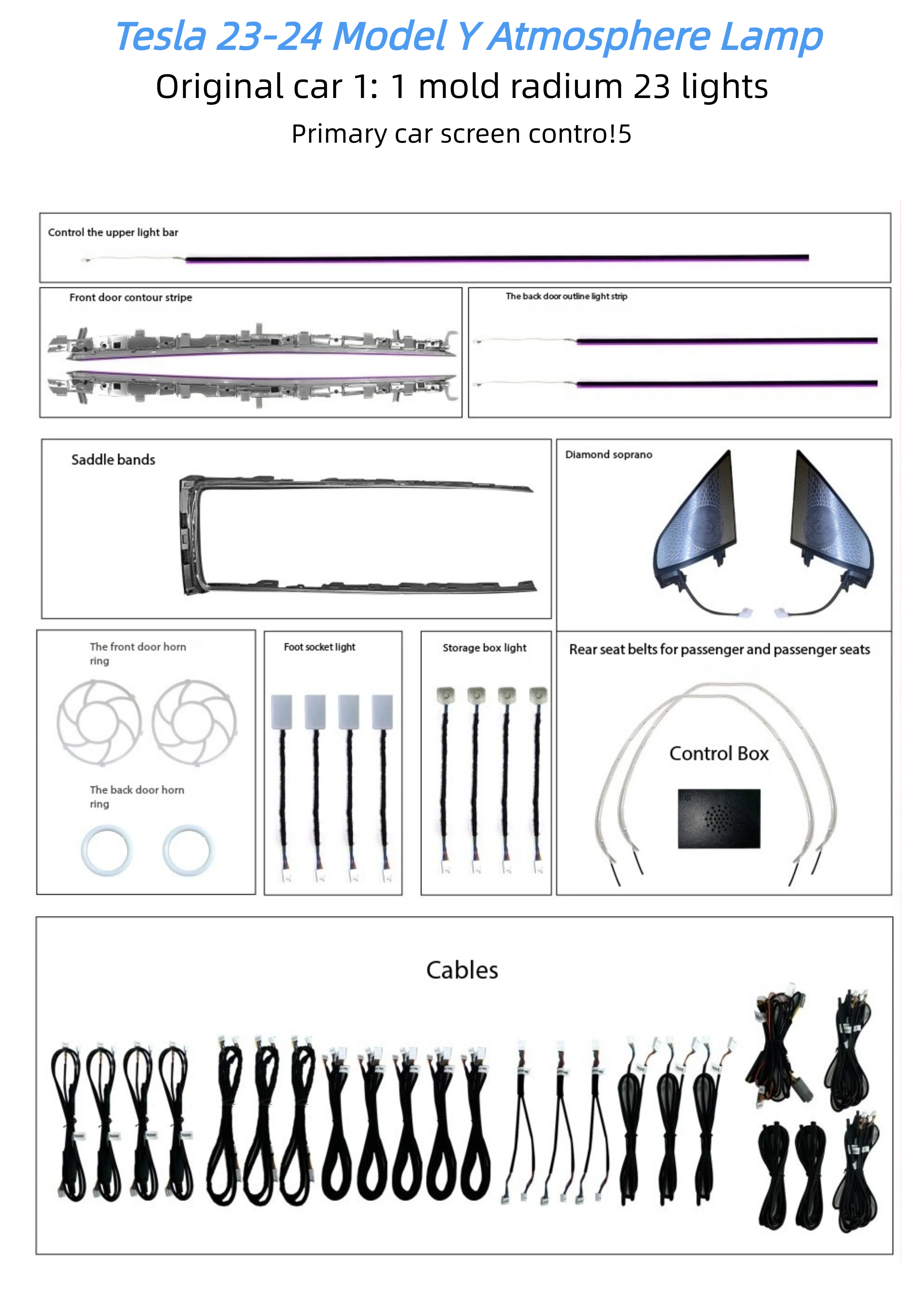 Car Interior Magic Ambient Light LED Atmosphere Lighting Decoration Kit 23 Lights Suitable for Tesla Model Y 2023-2024 2023 2024
