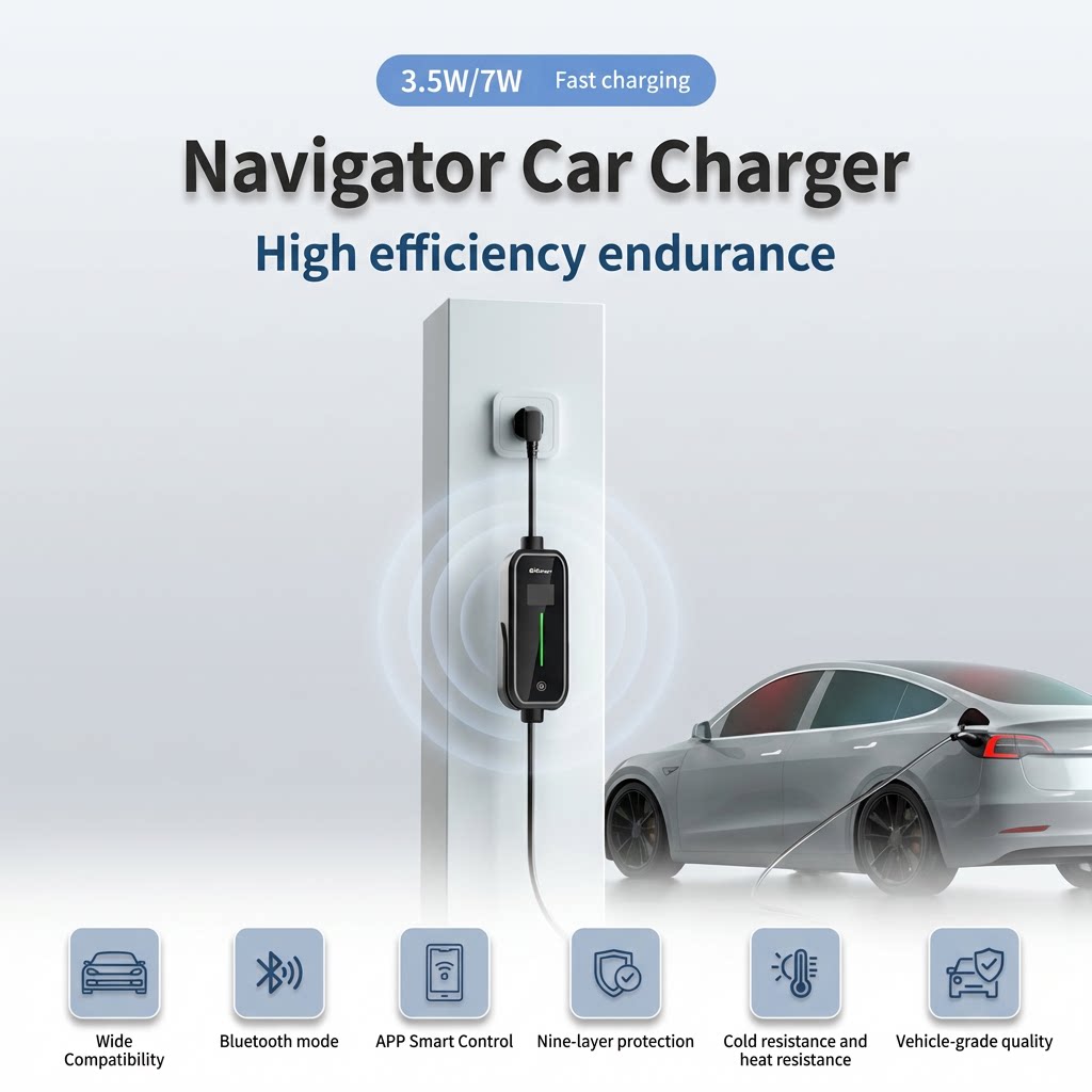 New 3.5KW 16A Type 2 IP66 Waterproof Portable EV Charger with 5m Cable Streamer Light &amp; Smart App Control for Electric Cars