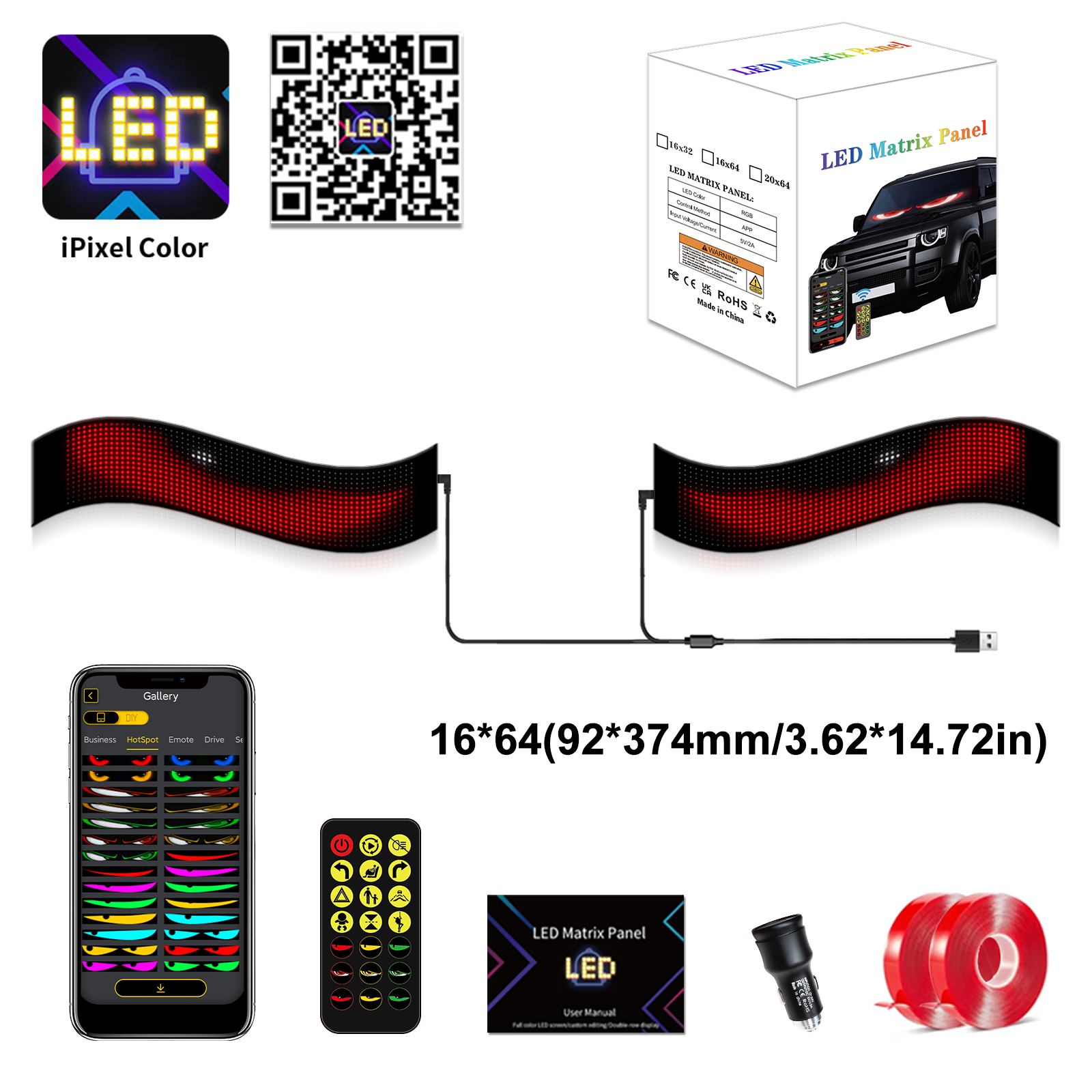 Cost-effective New Automotive LED Devil Eye Screen Panel Light with 16x64 Pixels 1024 Light Beads RGB Multi-Color Universal Fit