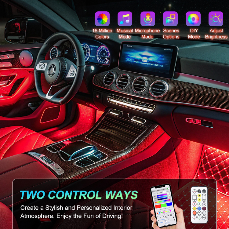 18 In 1 Smart App Control RGB Car Interior Ambient Lighting Kit Multicolor LED Strips For Auto Decoration