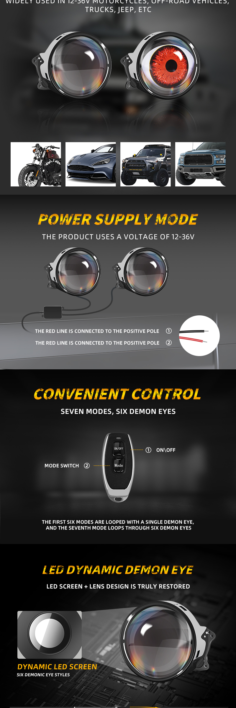 Hot Sales 12V-36V Dynamics 7 Modes Remote Control Demon Eye Car Devil Eyes Headlights System Other Car Light Accessories