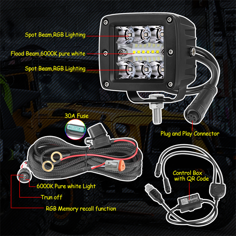 NOVA AUTO Phone App Control Car Driving Light 3 Inch Square Strobe Chasing RGBW LED Ditch Light With Harness
