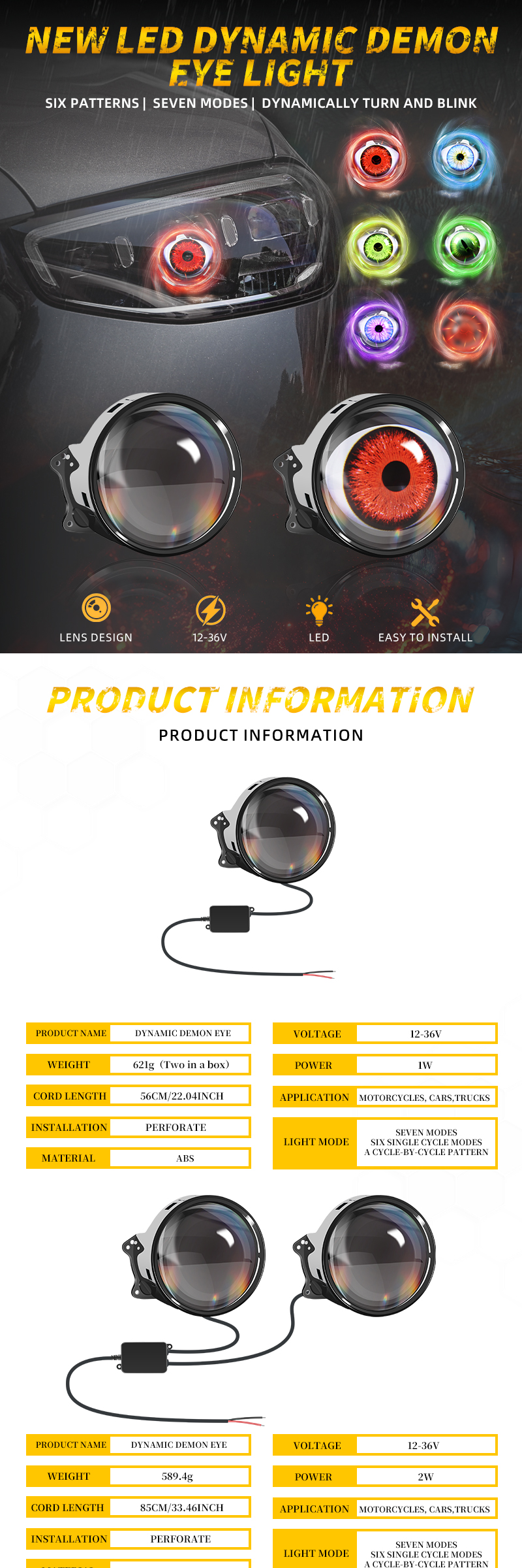 Hot Sales 12V-36V Dynamics 7 Modes Remote Control Demon Eye Car Devil Eyes Headlights System Other Car Light Accessories