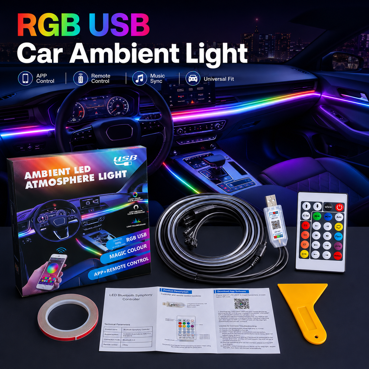 RGBIC Car Interior Ambient Light Kit APP Control Dream Color Flow Effect USB Powered Universal Fit Dashboard Footwell