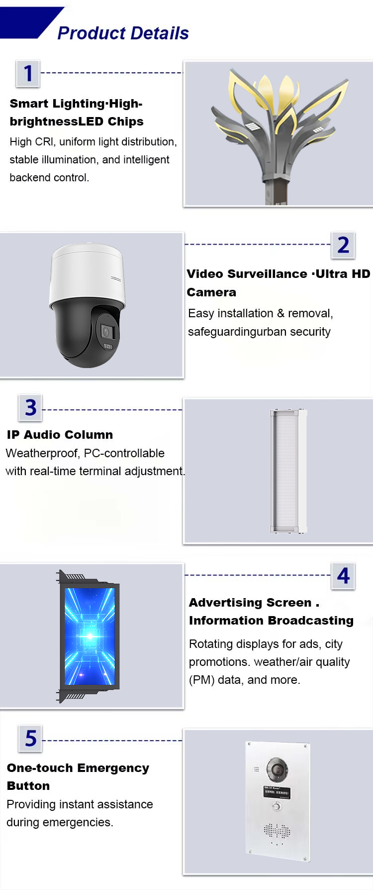 All in One Smart Pole 9m Aluminum Pole Light with LED Display CCTV Camera 5G WiFi and EV Charger for Smart City