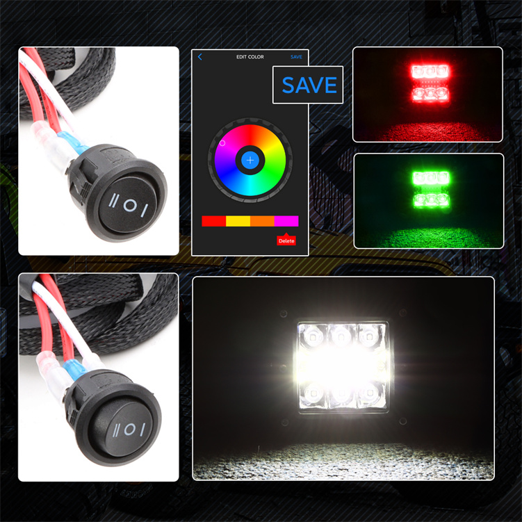 NOVA AUTO Phone App Control Car Driving Light 3 Inch Square Strobe Chasing RGBW LED Ditch Light With Harness