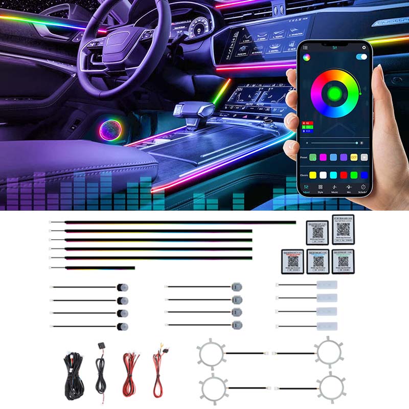 22 In 1 Dream Color RGB Dynamic Car Interior Light Wireless APP Control Ambient Atmosphere LED Light Kit For Car
