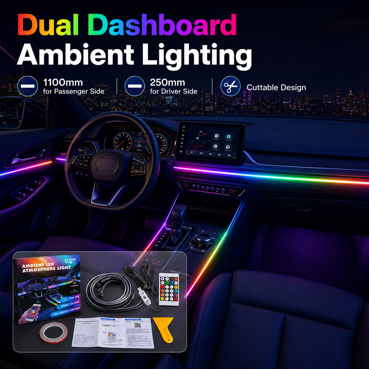 RGBIC Car Interior Ambient Light Kit APP Control Dream Color Flow Effect USB Powered Universal Fit Dashboard Footwell