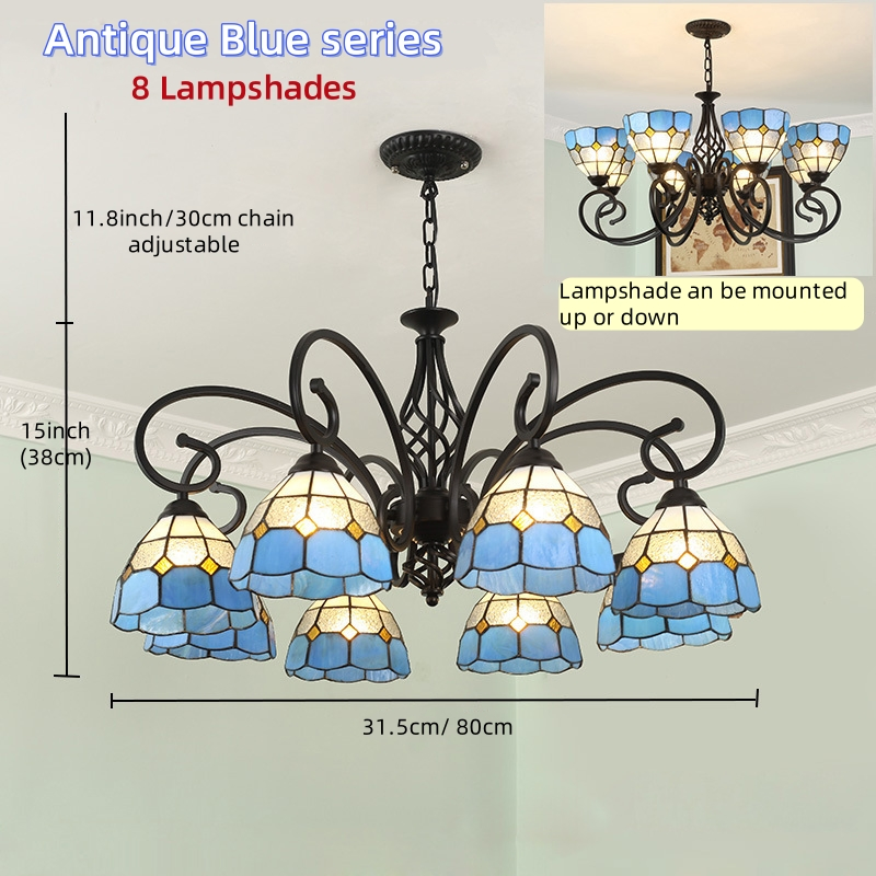 Tiffan-Y Chandelier 8-Light Vintage Blue Victorian Style Stained Glass Pendant Light Fixtures for Dining Room Living Room Foyer Kitchen Home