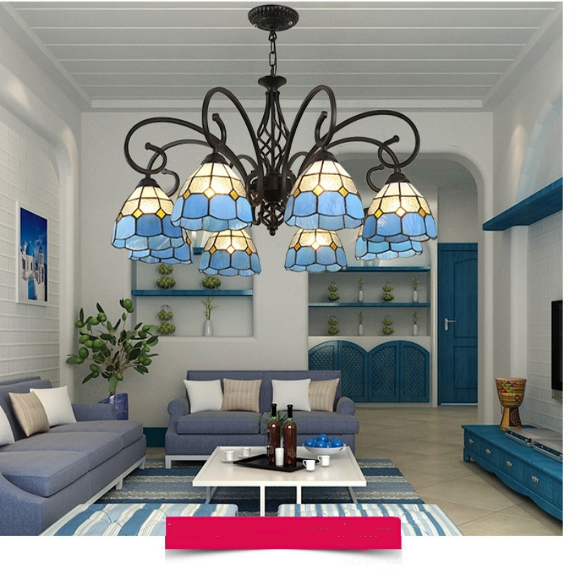 Tiffan-Y Chandelier 8-Light Vintage Blue Victorian Style Stained Glass Pendant Light Fixtures for Dining Room Living Room Foyer Kitchen Home