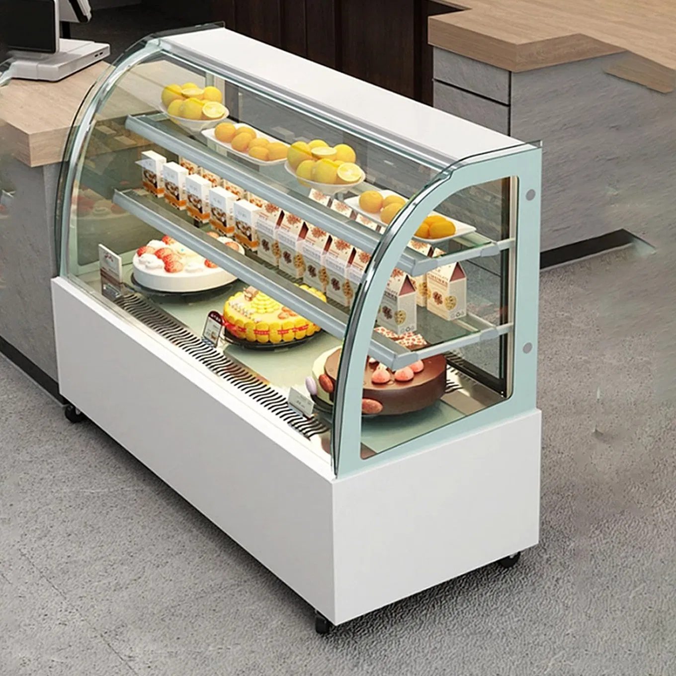Food Storage Chiller Support OEM Air Cooling Square Glass Display White Cake Showcase