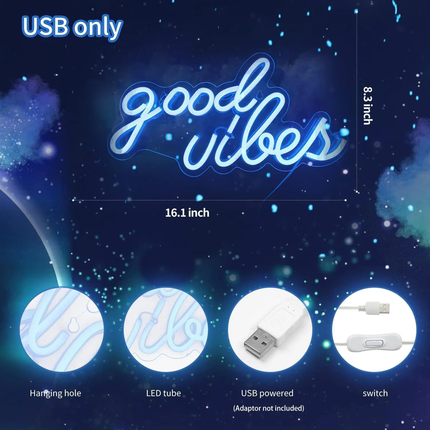 16.1" X 8.3" Ice Blue Good Vibes LED Neon Sign, USB-Powered Aesthetic Wall Light for Bedroom &amp; Game Room Decor