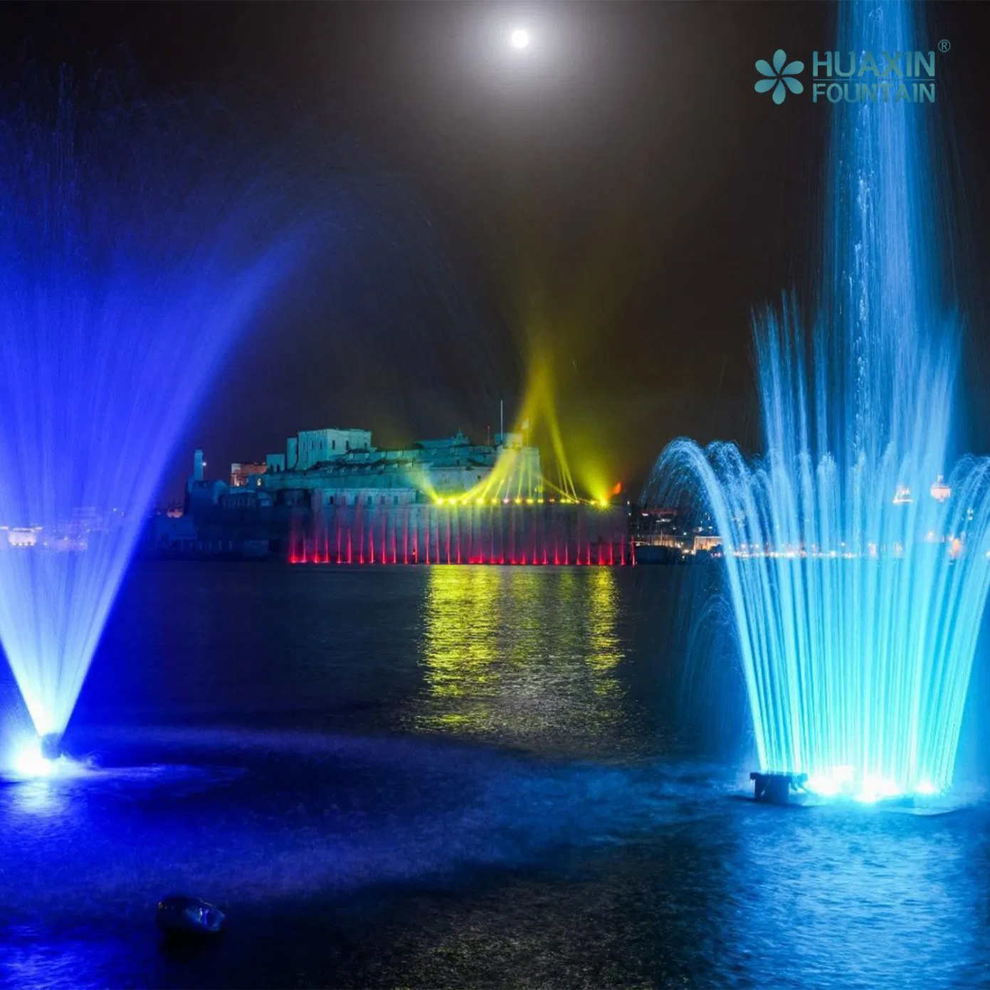 Large City Landmark Smooth Lines Layered Lighting System and Fountain Water Feature