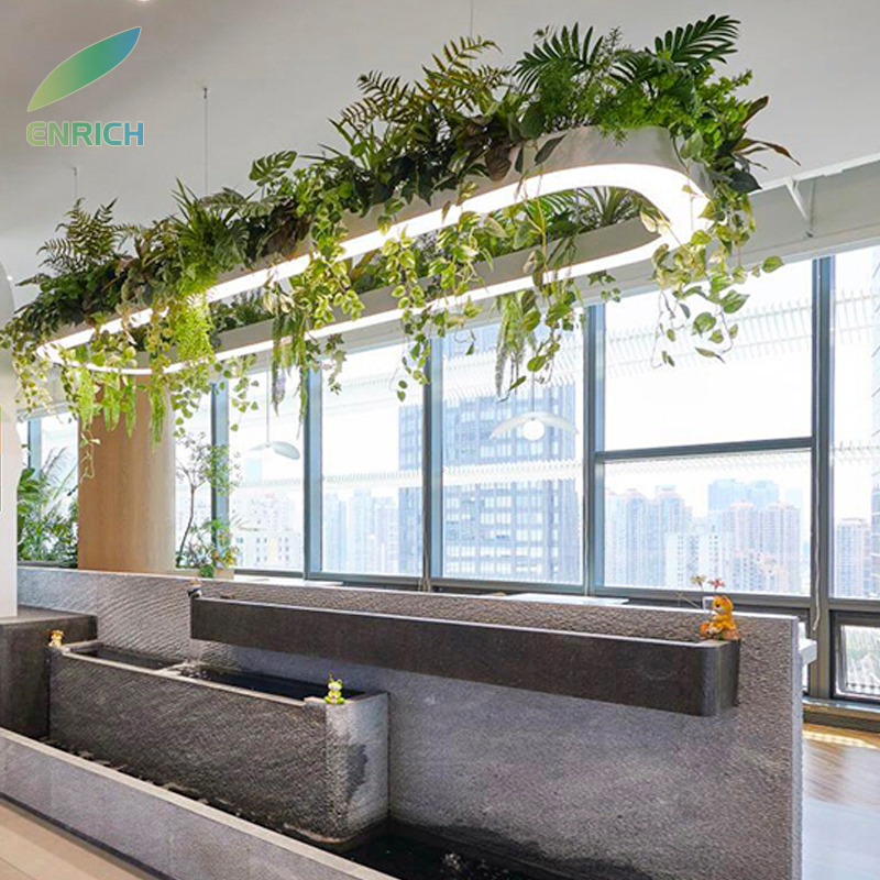 Indoor Biophilic LED Green Plant Pendant Lighting Raw Aluminum Finish Office Hotel Restaurant