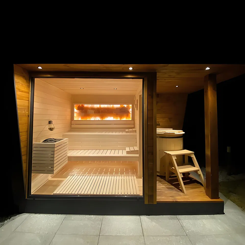 Authentic Square Sauna Room with Shower of Featuring Canadian Hemlock and Soft LED Mood Lighting