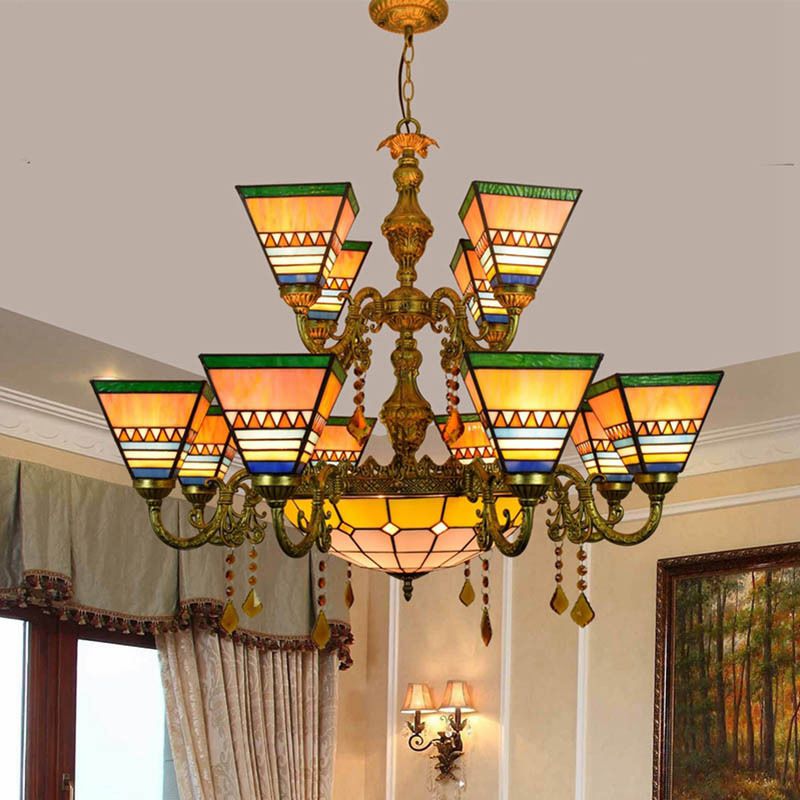 Europa Large Vintage Colored Glass Light Art Crystal Double Layered Lighting Hotel Living Room 2 Tier Suspension Lamp Luxury Tiffany Chandelier