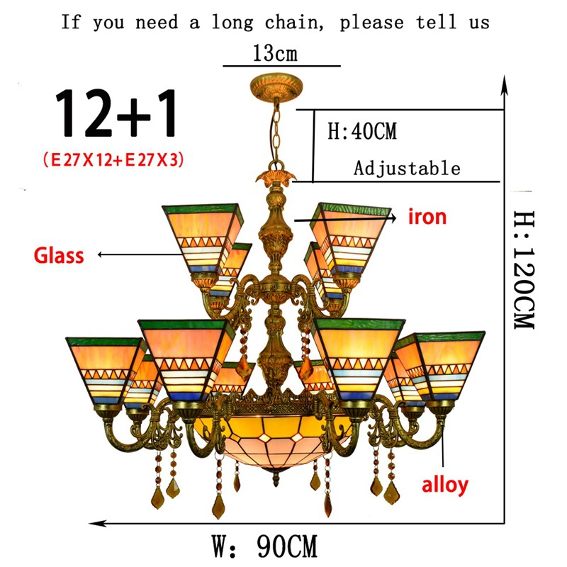Europa Large Vintage Colored Glass Light Art Crystal Double Layered Lighting Hotel Living Room 2 Tier Suspension Lamp Luxury Tiffany Chandelier