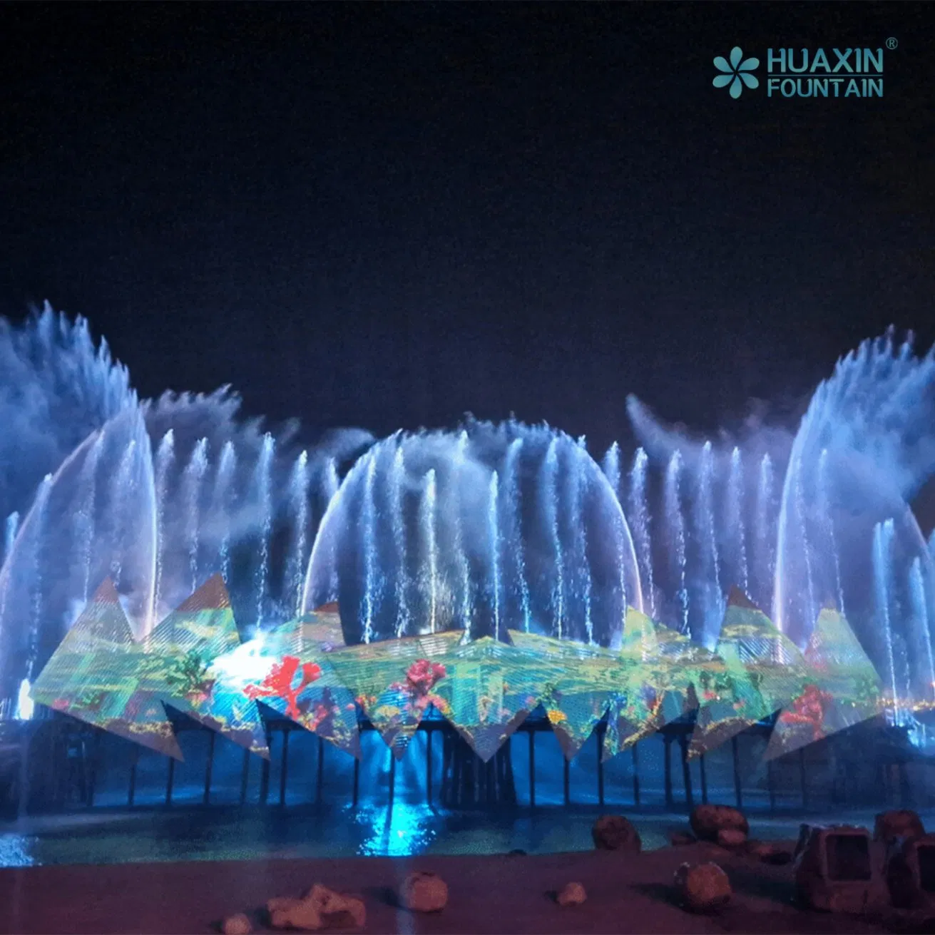Large City Landmark Well-Arranged Layered Lighting System and Fountain Water Feature