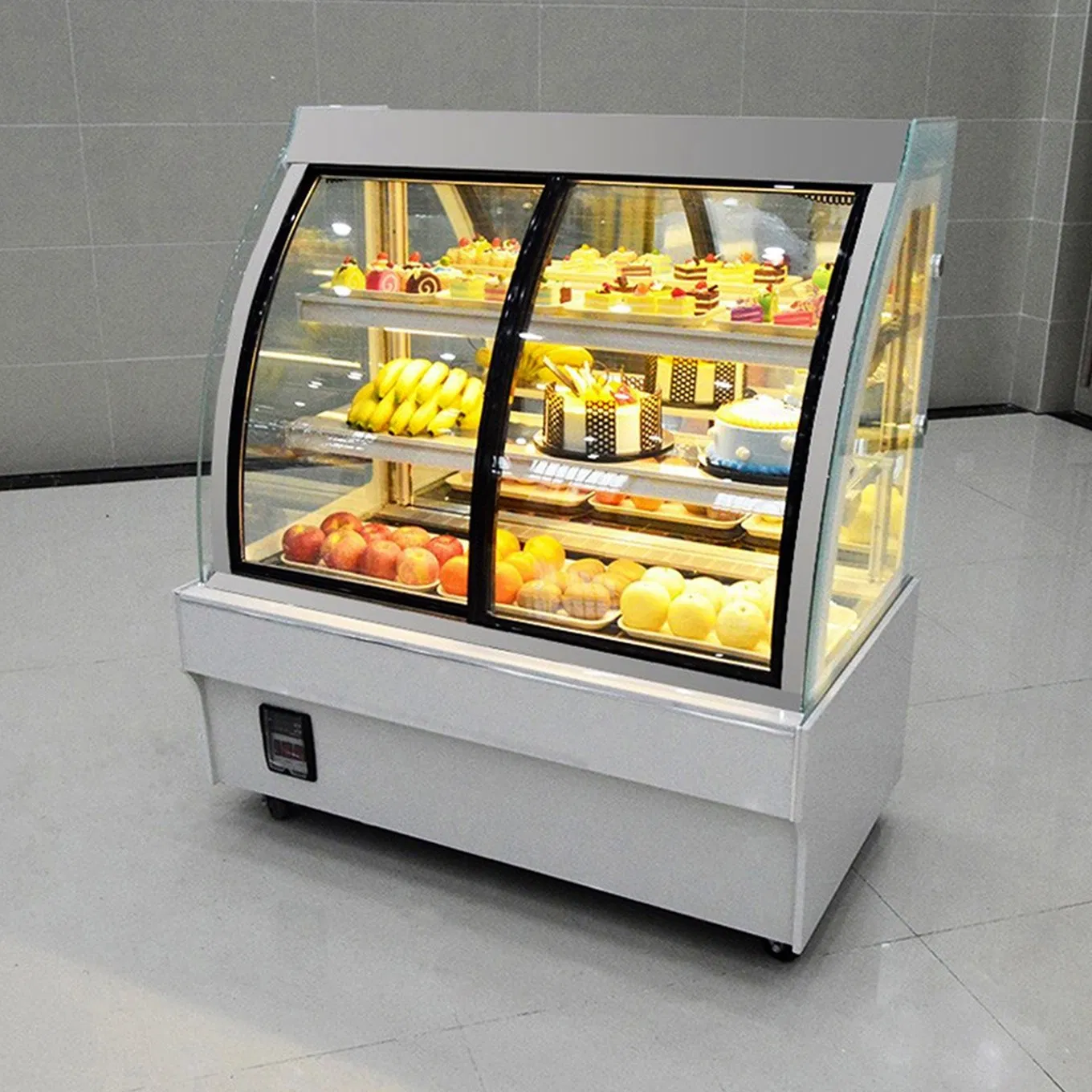 Food Storage Chiller Support OEM Air Cooling Square Glass Display White Cake Showcase