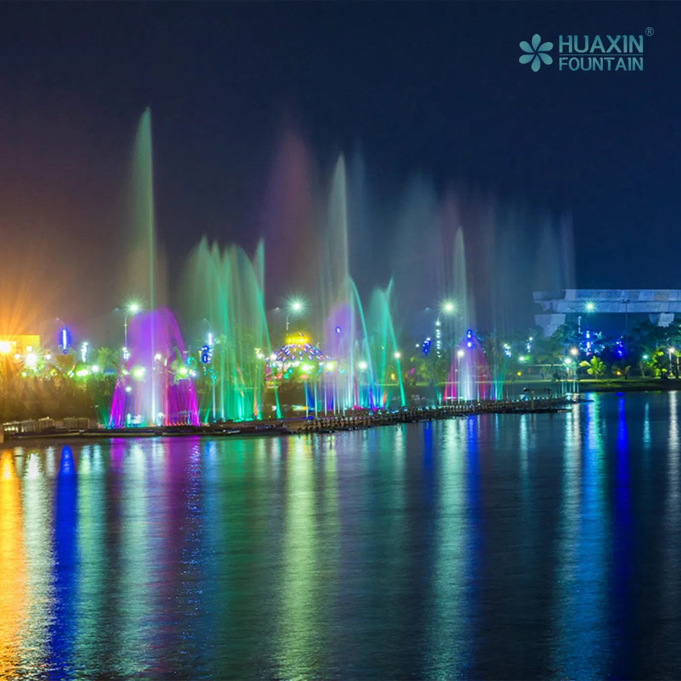 Large City Landmark Smooth Lines Layered Lighting System and Fountain Water Feature