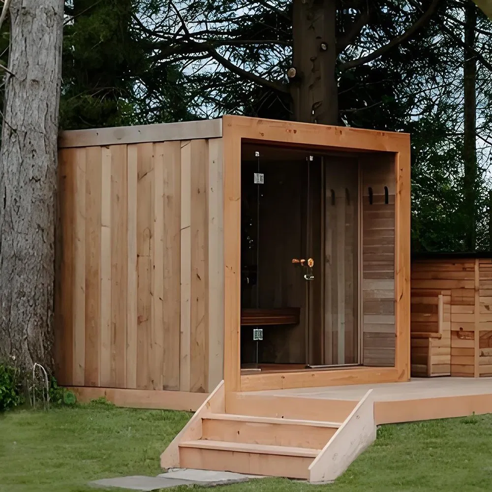 Authentic Square Sauna Room with Shower of Featuring Canadian Hemlock and Soft LED Mood Lighting