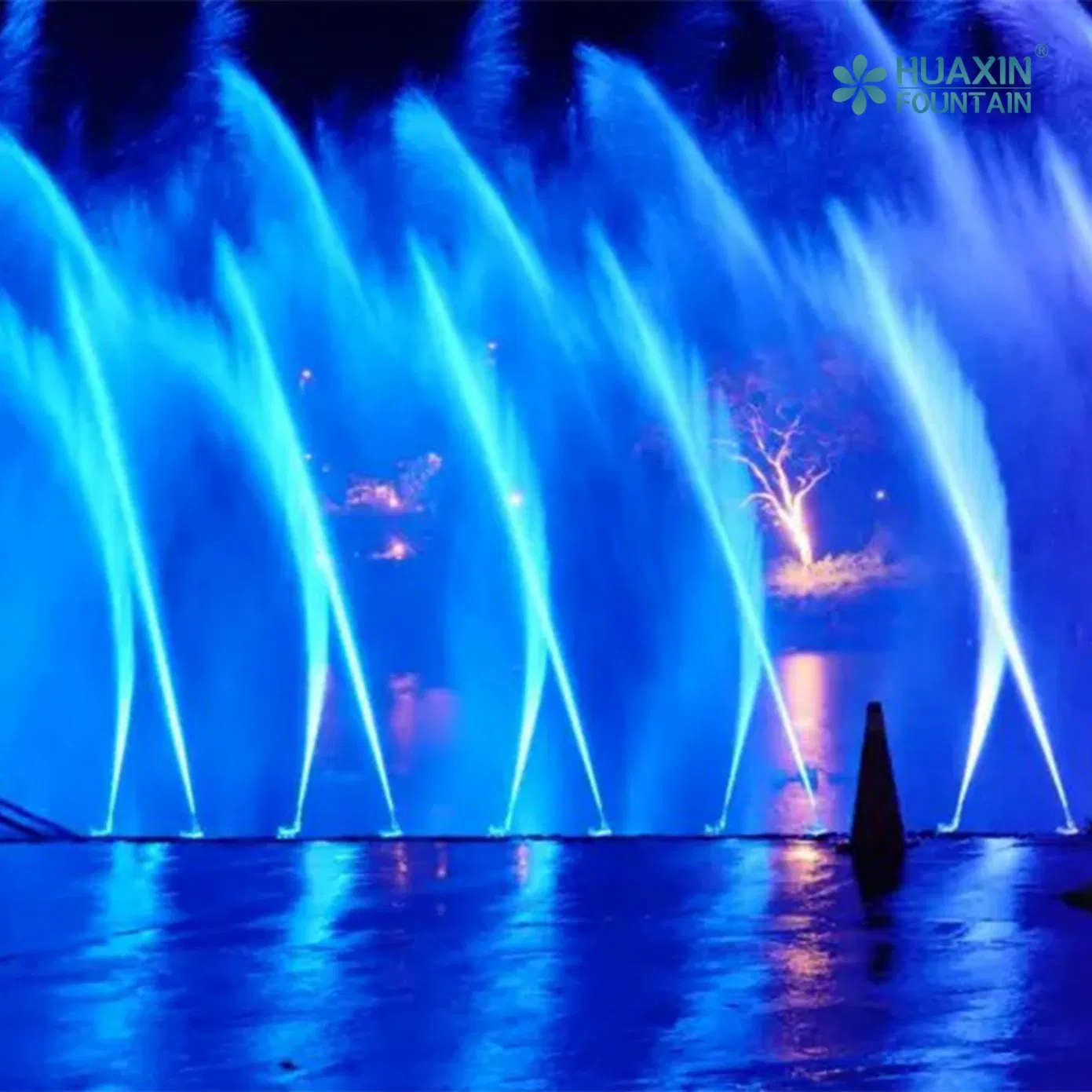 Large City Landmark Smooth Lines Layered Lighting System and Fountain Water Feature