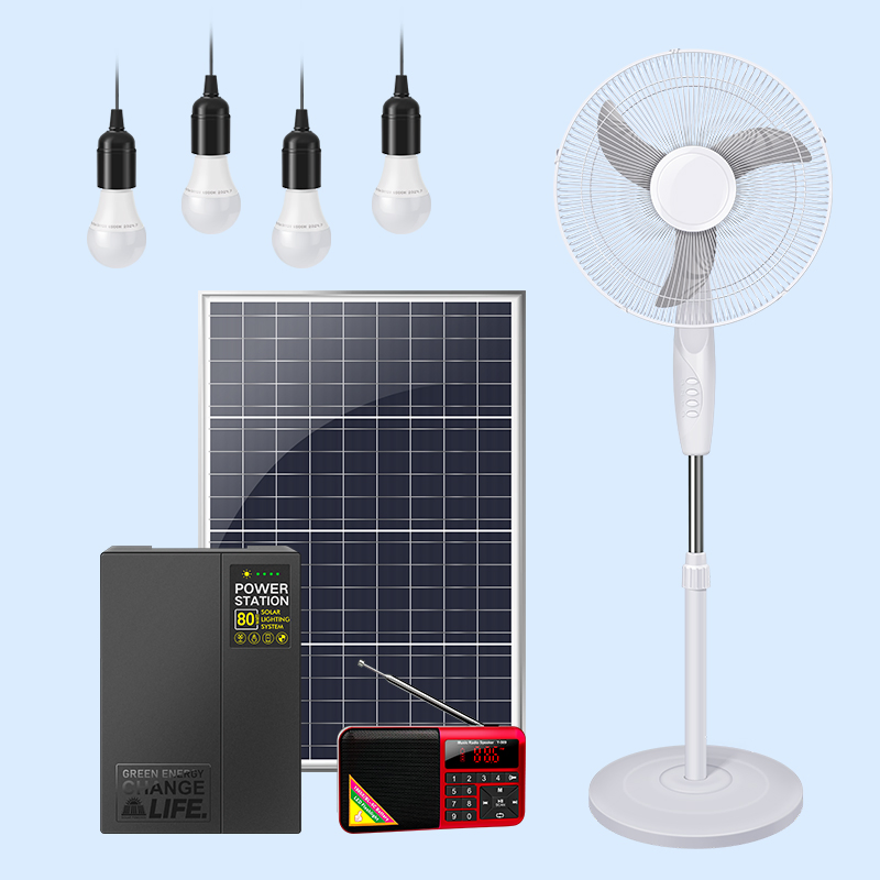 Factory Supply 50W/80W Mini Solar Power Lighting System/Portable DC Solar Kits with DC Fan for Home
