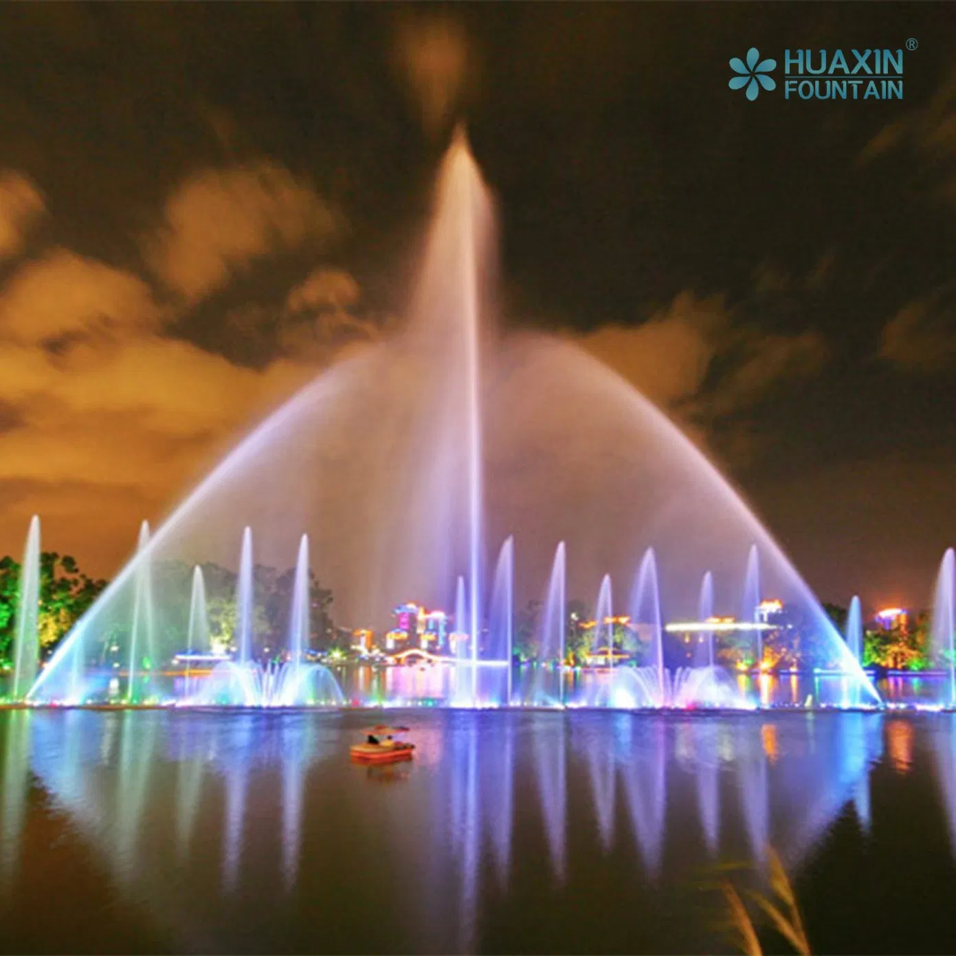 Large City Landmark Smooth Lines Layered Lighting System and Fountain Water Feature