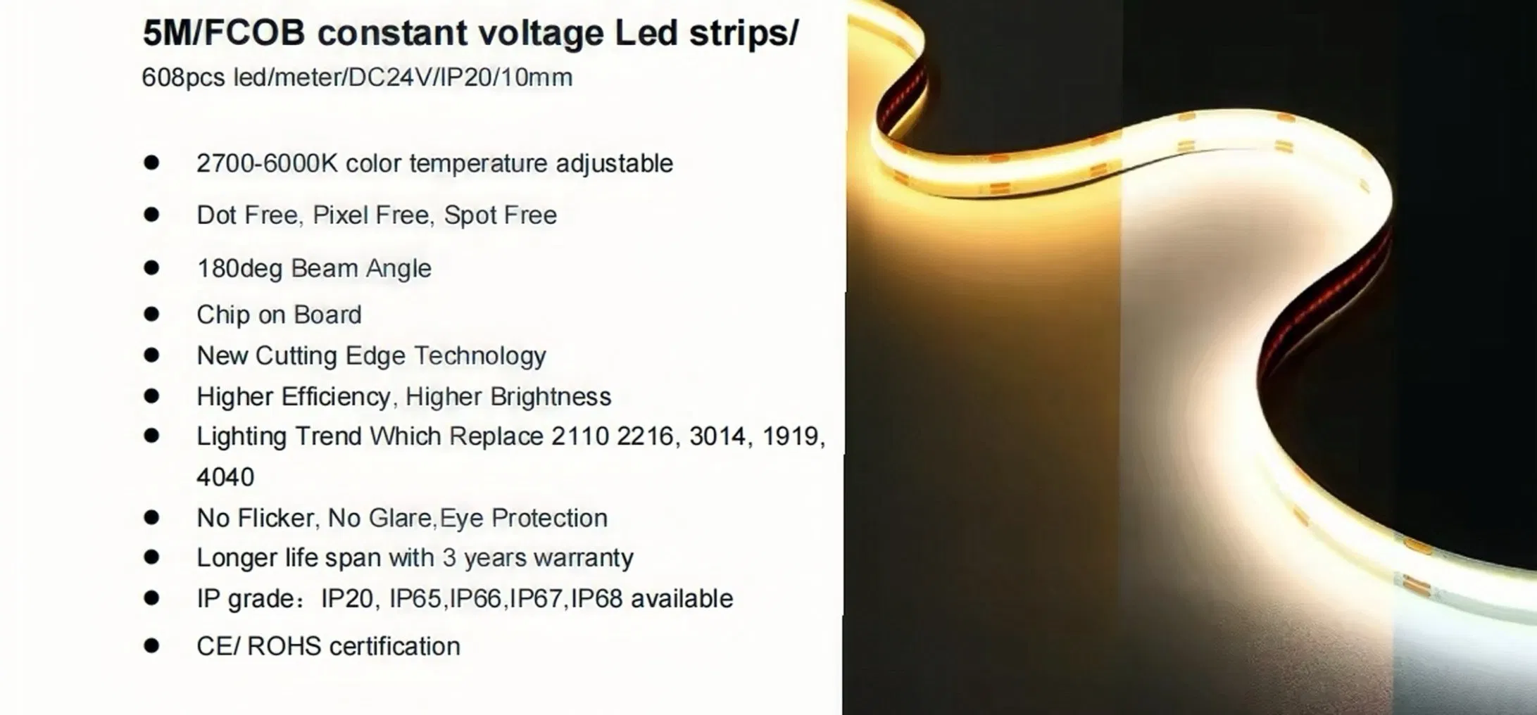 High Luminous 110lm/W 24V 8mm 10mm Dual Color COB LED Strip Light