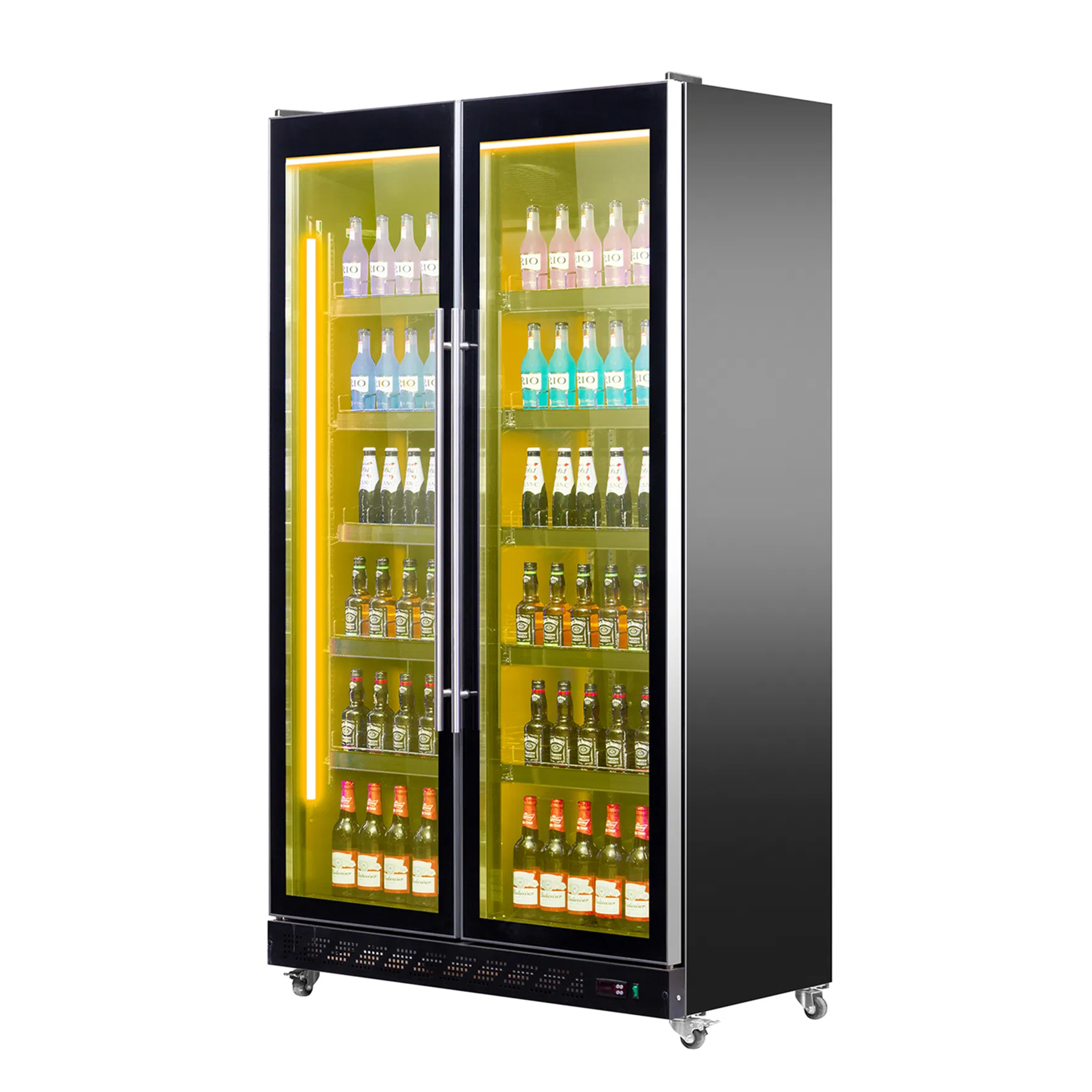 Elegant Wine Display Refrigerator with Vertical Glass Doors and Lighting