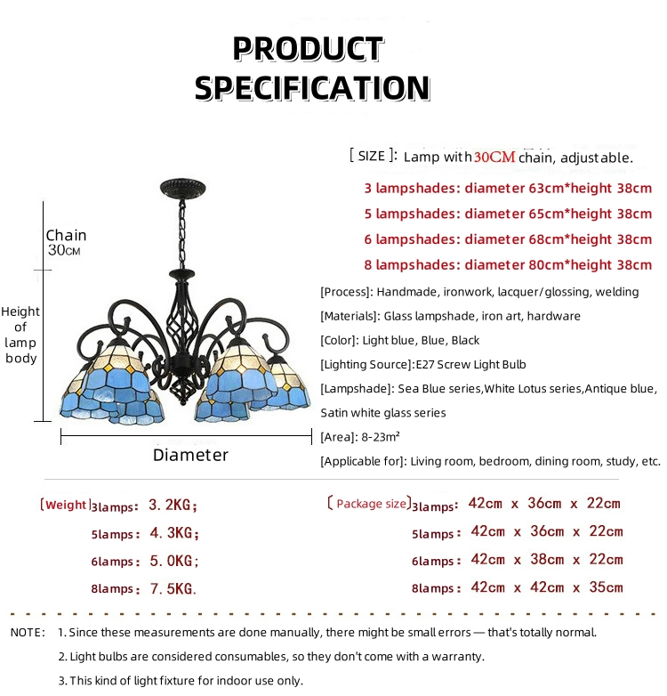 Tiffan-Y Chandelier 8-Light Vintage Blue Victorian Style Stained Glass Pendant Light Fixtures for Dining Room Living Room Foyer Kitchen Home