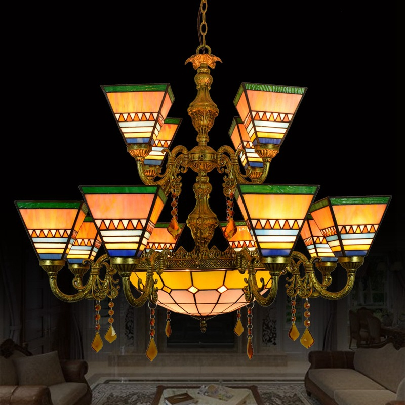 Europa Large Vintage Colored Glass Light Art Crystal Double Layered Lighting Hotel Living Room 2 Tier Suspension Lamp Luxury Tiffany Chandelier
