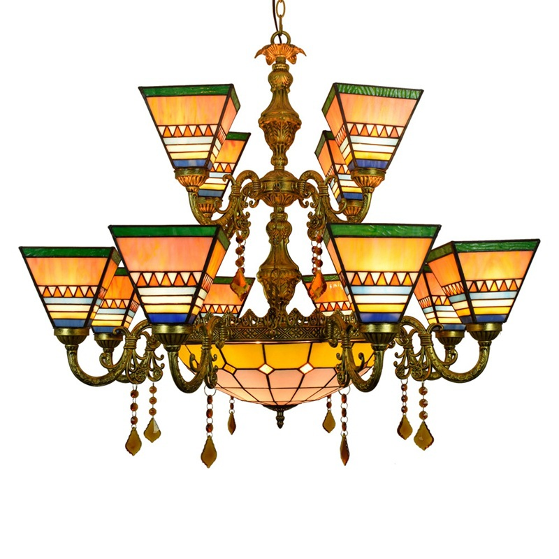 Europa Large Vintage Colored Glass Light Art Crystal Double Layered Lighting Hotel Living Room 2 Tier Suspension Lamp Luxury Tiffany Chandelier