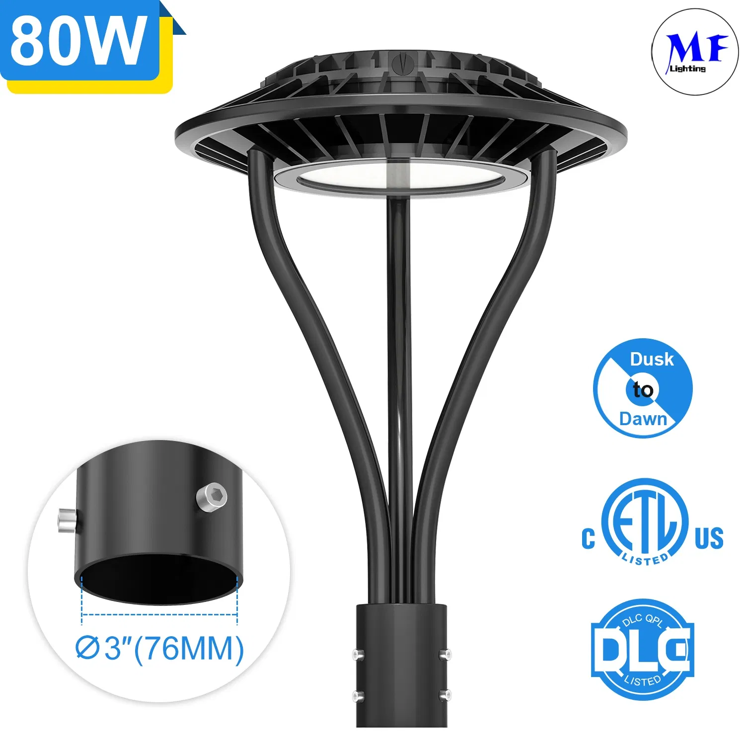 Factory Price 80W 11200lm CCT Selectable SMD3030 LED Post Top Area Light IP65 Dust-Free with Photocell for Plaza Pathway Garden Park Sidewalk Squares Schools