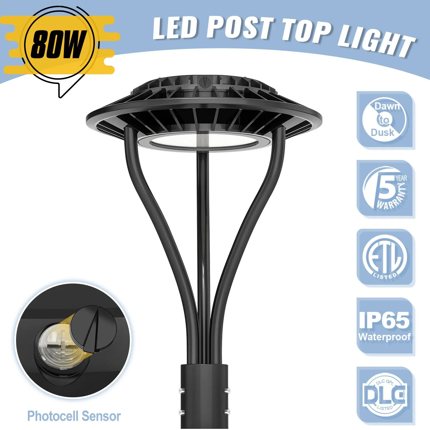 Factory Price 80W 11200lm CCT Selectable SMD3030 LED Post Top Area Light IP65 Dust-Free with Photocell for Plaza Pathway Garden Park Sidewalk Squares Schools