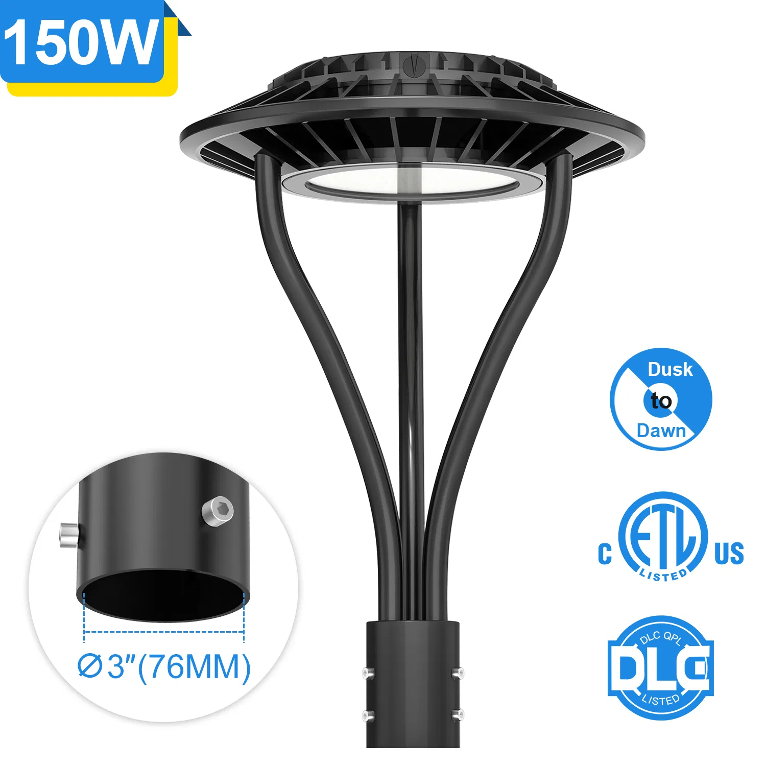 Factory Price IP65 150W 21000lm SMD3030 CCT Tunable (3000K/4000K/5000K) LED Post Top Area Light for Trunk Road Factory School Garden Sidewalk Squares