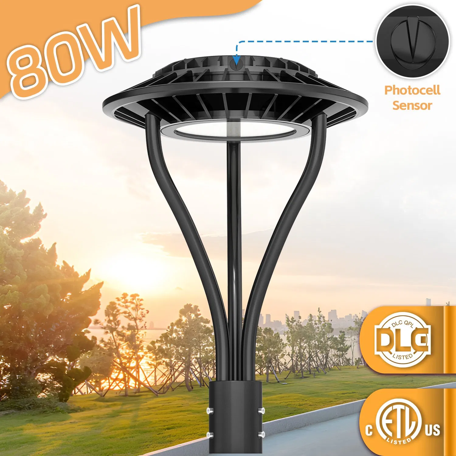 Factory Price 80W 11200lm CCT Selectable SMD3030 LED Post Top Area Light IP65 Dust-Free with Photocell for Plaza Pathway Garden Park Sidewalk Squares Schools